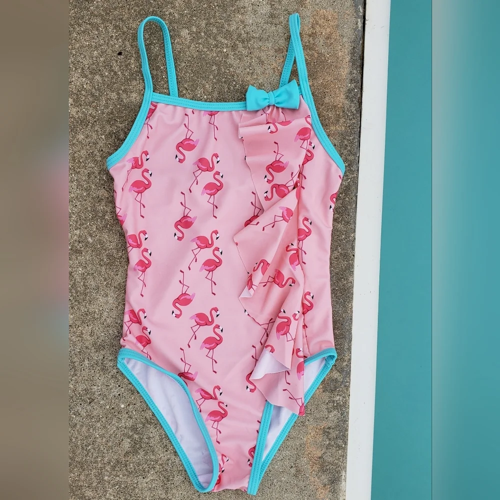 Girls pink flamingo print one piece - Picture 4 of 4